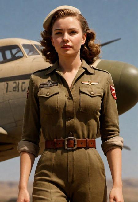 (masterpiece, best quality, hires, high resolution:1.2), extremely detailed, realistic, highres, (cinematic lighting, perfect lighting, sunlight, bloom), 1girl, Military pilot of high rank from the 1940s, embodied by woman with hourglass figure, porcelain skin wrapped in fitted olive jumpsuit, restrained by sturdy brown leather belt, her hairstyle exuding glamour of the Hollywood 40s era, voluminous black waves cascading her shoulders, almond eyes adorned with dark lashes, expressing determination, under the gently blushed high cheekbones, full lips, her character juxtaposing against backdrop of vintage aircraft, set in resilient blue cloudy day, digital
 parted bangs, blue hair, freckles, very long hair, long braided, :), smile,