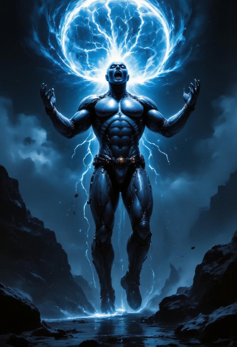 Epic fantasy oil painting, full-body portrait of 30-foot tall blue-skinned 20-year old man enjoying being struck by lightning, he is floating levitating in the sky, he is reaching his hands up into dark storm clouds wearing shiny metal armor reflecting lightning and boots, thunderstorm at night, surreal, mountains background, perfect hands, correct digits, realistic skin, perfect expressive eyes, perfect pupils, style of Francisco Goya, otherworldly, interesting color pallet, Stunning visuals, Texture, Cinematic style, Beauty, Realism, Photorealism, Chiaroscuro, High quality, perfection style, aidmafluxpro1.1