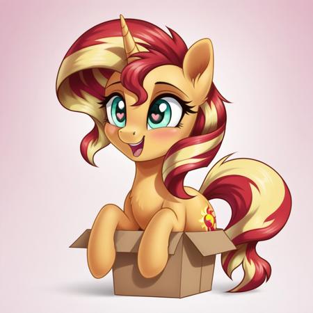 score_9, score_8_up, score_7_up, score_6_up, score_5_up, score_4_up, sunset shimmer, pony, unicorn, g4, blushing, box, cute, female, happy, heart eyes, mare, open mouth, pony in a box, simple background, solo, weapons-grade cute, wingding eyes, (detailed cute pony face), detailed eyes, detailed fur, beautiful, vector, flat colors, (beautiful long eyelashes), full-length character at screen