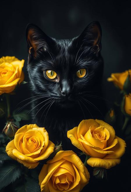 A striking black cat with shimmering fur, surrounded by vibrant yellow roses in various stages of bloom, creates an ominous yet captivating atmosphere. The dark background accentuates the contrast between the cat's sleek form and the delicate petals, evoking a sense of mystery and allure.