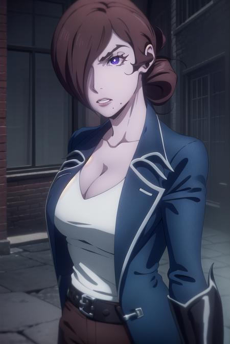 castlevaniajulia, brown hair, (purple eyes:1.1), short hair, hair bun, mole, makeup, single hair bun, lipstick, mole under mouth, red lipstick, shirt, gloves, cleavage, collarbone, jacket, white shirt, choker, black gloves, belt, pants, blue jacket, brown pants,