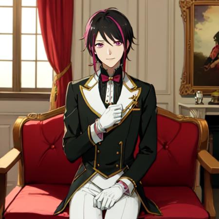 best quality, intricate details, masterpiece,  good lighting,  <lora:LIEREN-000004:1>, lieren, singular pink streak in hair, black butler uniform, fancy suit, smile, looking at viewer, white gloves, living room background,