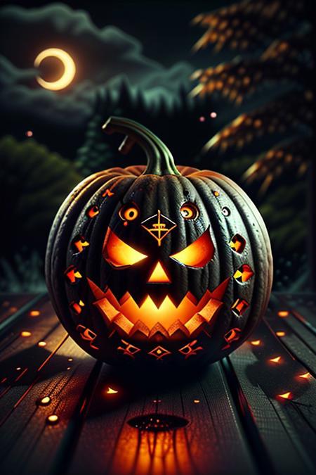 Close up of an evilHalloween pumpkin on a wooden wet table in a dark rainy and misty forest at night. The trees are black. The full moon appears behind the dark clouds behind the trees and the blue moonlight blends in with the misty atmosphere. 8k render ensuring crisp and clear details with realistic shadows, reflections and vivid and vibrant colors. <lora:aidmaHyperrealism:0.5> aidmaHyperrealism, extremely high-resolution details, photographic, realism pushed to extreme, fine texture, incredibly lifelike, <lora:ImageUpgraderV2:0.5> detailmaximizer, easynegative, c4d, blender, raytracing, unreal engine 5, render 3d, OverallDetail