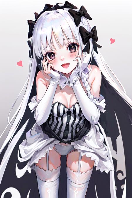 1girl francesca black eyes braid hair bow white collar striped dress leotard white thighhighs detached sleeves garter straps