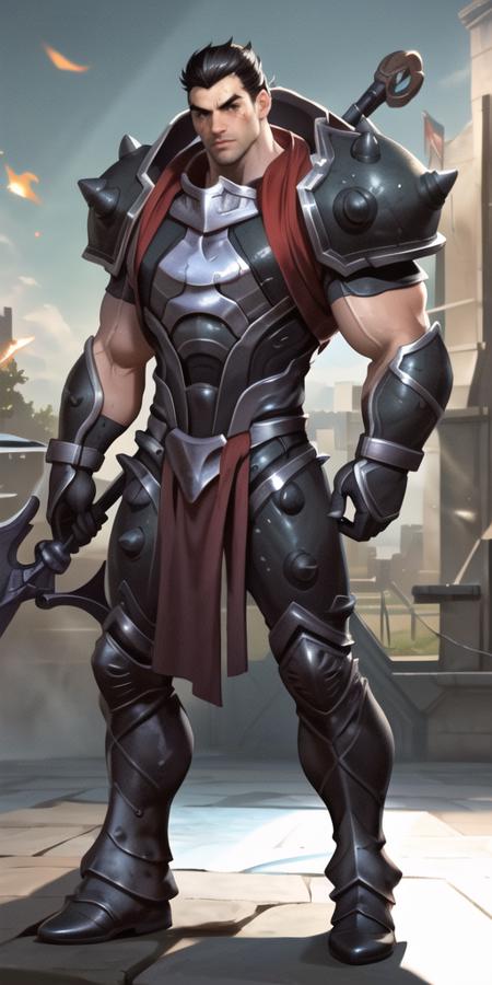 best quality,masterpiece,highres,<lyco:Darius-League of Legends:1>,darius,1boy,male focus,solo,muscular,manly,muscular maleblack hairfacial hair,short hair,scar,scar on face,thick eyebrows,full body,armor,weapon,shoulder armor,axe,holding,standing,(park:1.1)