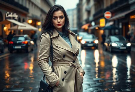 A stunning curvy white woman with piercing gray-blue eyes and dark, shoulder-length wavy hair, walking down a bustling European city street on a rainy afternoon. She wears a stylish, form-fitting beige trench coat draped effortlessly over her frame, with the top buttons undone, revealing a glimpse of a soft cashmere sweater beneath. Her deep red lips contrast beautifully against her flawless porcelain skin, and she carries a black leather handbag over one shoulder. Raindrops glisten on her coat as she steps carefully over a puddle, her black heeled boots clicking softly against the wet cobblestone. The blurred headlights of passing cars reflect in the shimmering pavement, creating a dreamlike cityscape behind her. Her gaze is confident yet slightly distant, lost in thought, exuding an aura of effortless elegance and mystery. The city around her is alive—bustling cafés, blurred figures walking under umbrellas, neon signs glowing softly in the drizzle. The rain-soaked scene is meticulously detailed, with realistic water reflections, perfect lighting contrast, and an immersive urban aesthetic. Ultra-HD 4K, hyper-realistic, cinematic lighting, extreme detail, sharp textures, wet reflections, dynamic movement, natural elegance.
