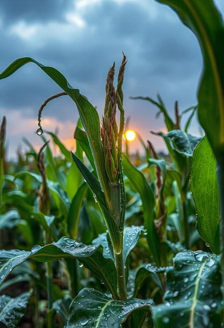 a bunch of milpa plants, with water droplets on them, milpa dripping, a Gaint milpa planting system of corn, squash, beans, wearing a milpa planting system, milpa dripping juice, milpa, milpa wall, “milpa, rainy background, raindrops, wild milpa plants, beautiful art uhd 4 k, clear liquid and snow, nature wallpaper, gems and diamond for milpa plants, rain drops, 32k, rain drops, sun shining behind the glowing clouds,