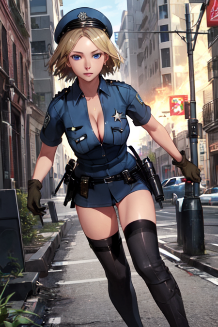 AnnnaOnechanbara, 1girl, solo, short hair, blue eyes, blonde hair, thighhighs, gloves, cleavage, medium breasts, uniform, holster, police, police uniform