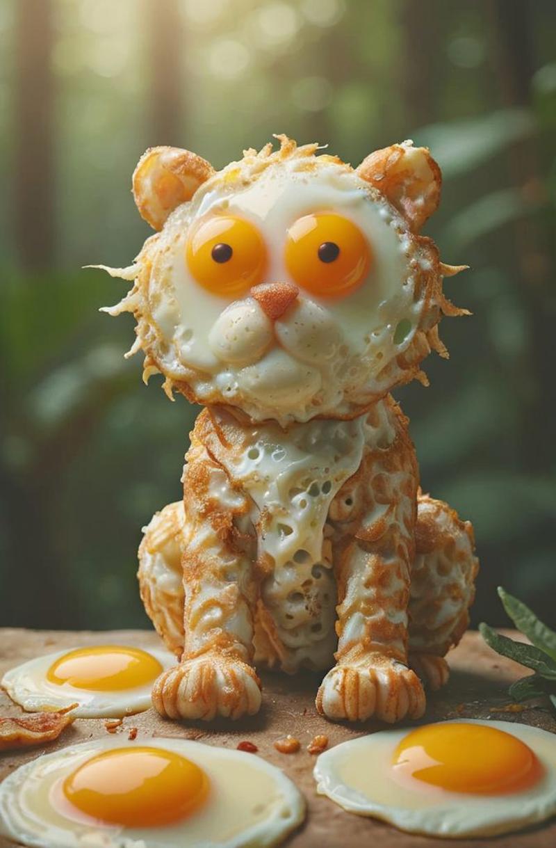A creative breakfast scene with a cute cat made of food and a fried egg.