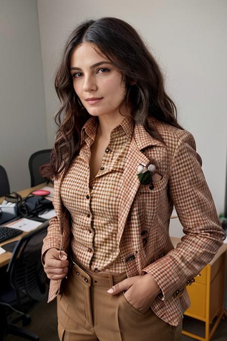 <lora:Monica1873Bar:0.9> a woman, m1873b, solo, wearing blouse, waistcoat,. jacket, trousers, in an office, wavy hair,