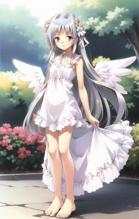 IMJeanne, 1girl, silver hair, red eyes, long hair, bangs, light smile, garden, colorful garden, white dress, simple dress, barefoot, sleeveless, (angel wings), <lora:IMJeanneV1:0.7>