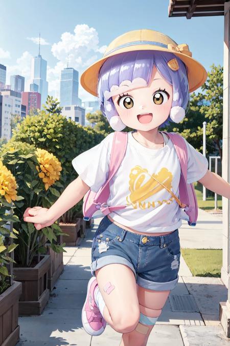 puniru,petite,child,slime girl,light purple hair,long hair,grey gradient hair,multicolored hair,blunt bangs,double bun,blue hair,green eyes,star (symbol),mini top hat,jacket,shorts,sneakers,shoulder bag