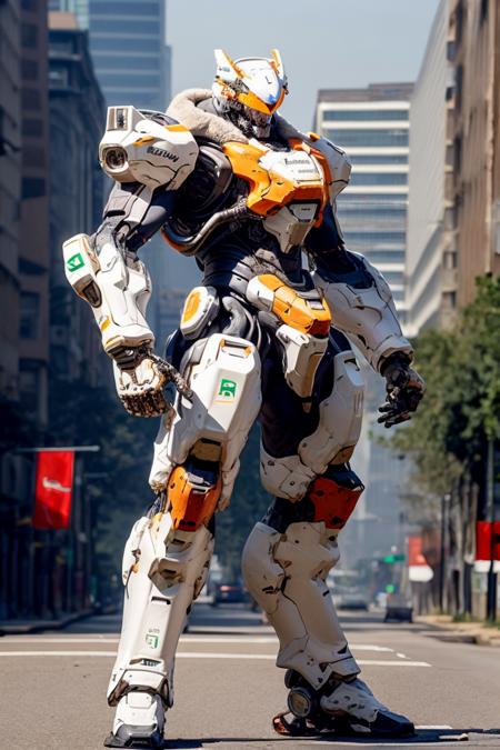 high quality, mechasuit, mecha, military, helmet, assault rifle, full armor, mechanical arms, mechanical legs, solo, standing, no humans, full body, city, day, <lora:nijiarmor:1>