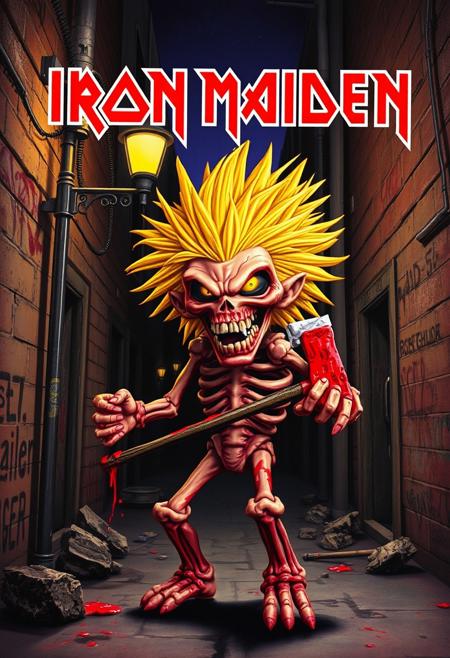The "Killers" album cover features Eddie, Iron Maiden's mascot, in a dark alley at night. Eddie has wild, spiky blonde hair, a skeletal face, and glowing eyes. He stands aggressively, holding a bloodied axe. A streetlamp casts eerie shadows on his decayed skin. The gritty urban background includes crumbling buildings and graffiti. The color scheme is dominated by reds, blacks, and greys, with yellow highlights from Eddie’s eyes and the streetlamp. In claymation-style, Eddie’s hair would be spiked clay, and his skin would have rough textures, while the background is made from blocky clay shapes with carved details.