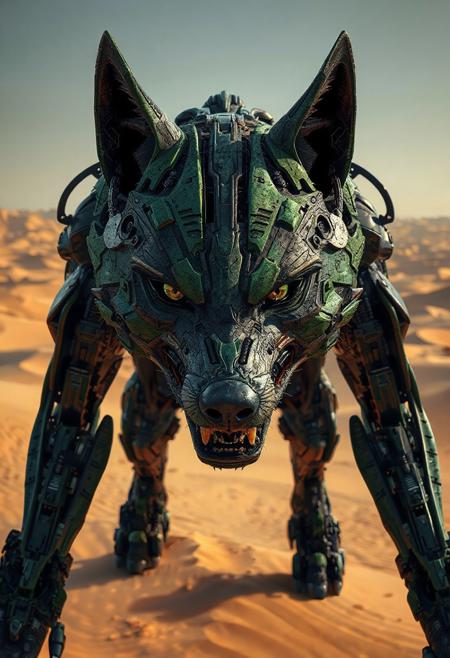 ultra-high quality, ultra-detailed image of a hybrid mechanical wolfman, hybrid creature, mid male human, mid Wolf, seamlessly blending mechanical and organic elements, dark and green colors, commanding presence, capturing her entire body, Face: Highly detailed, lifelike features with expressive, piercing eyes that convey her strength, fierce, showing a natural blend of mechanical and organic textures, vast, desolate desert of dunes, evoking an abandoned planet, barren landscape.