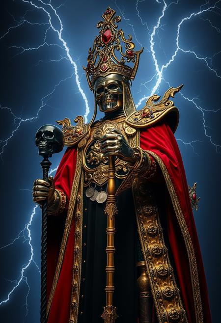 , 16k, raw, (ultra high picture quality), (intricate details), extremely realistic, ultra sharp focus, ((bottom lit/)/(underlighting)), full body,  epic view, ((dynamic photograph of a giant macabre riveted chrome and gold mechanical deity ) (tall jewelled mitre crown) (black and red smock), (holding a long magical pike sceptre, stylized sceptre of power with a black skull at the top), ( is destroying the city)), (outside late at night during an electrical storm), dealers of death, staring into the dark abyss, zoomed in, harbinger of sorrow, 
[horror , (double exposures), (low opacity overlays), nighttime, outdoor]