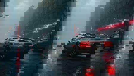 Blade Runner 2049 SleepCitycape. Relaxing Cyberpunk Art Poster. Dark light. Cinematic Art. Photorealistic. Street. Abandoned street. CityScape, Scenery. Dark and moody. 1car, Futuristic supecar. Prototype supercar. Super detailed car, (grey car carpaint). Futuristic design car. Gloomy neon lights. No humans. Sleeping city. (Cloudy day, fog:1.4). Dystopian apocalyptic atmosphere. Film grain.
