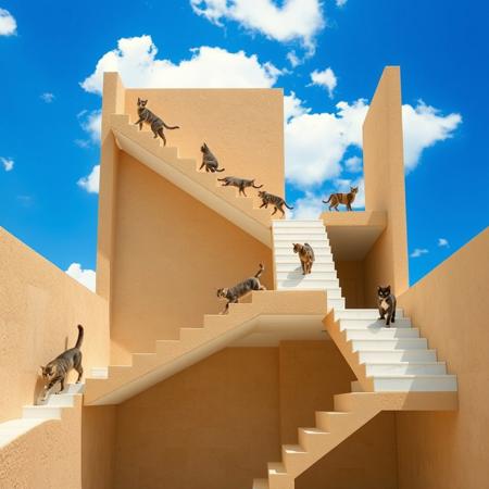 photograph of a surreal impossible construction in the style of M.C. Escher with cats walking on walls and stairs in multiple direction without gravity, the image has no sense of up down left and right, feline walk on the walls ceiling and under stair, the walls are made of sandstone, the stairs of white marble, a bright blue sky with white clouds is showing where an opposite wall would be