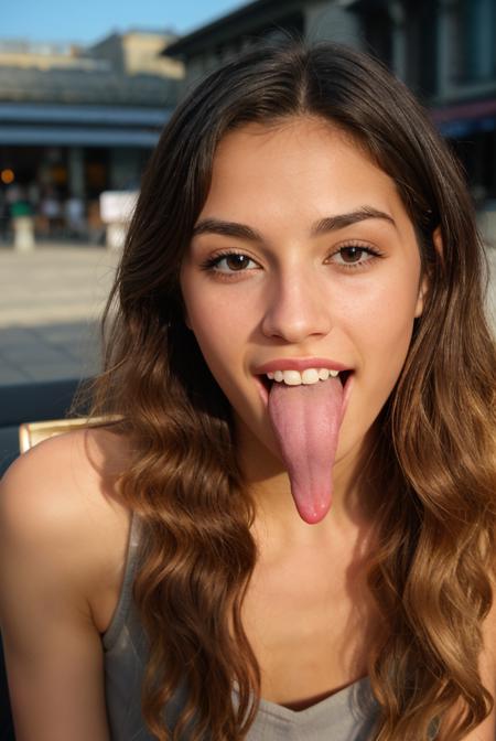 a woman, mid-twenty, (long tongue, open mouth, perfect teeth), uvula, cute, skin details, perfecteyes eyes, slim, long hair, curly hair, dark hair, symetric face, grey dress, sharp focus, 4K,  seating at a restaurant, terrace, Paris, midday sun, backlit, triangle face, thin nose, pointy nose, almond eyes, dimples, full lips, beauty, eyeliner, wealth, medium shot (freckles:0.7) <lora:lora_perfecteyes_v1_from_v1_160:0.6>  <lora:tng-all-v13:1>