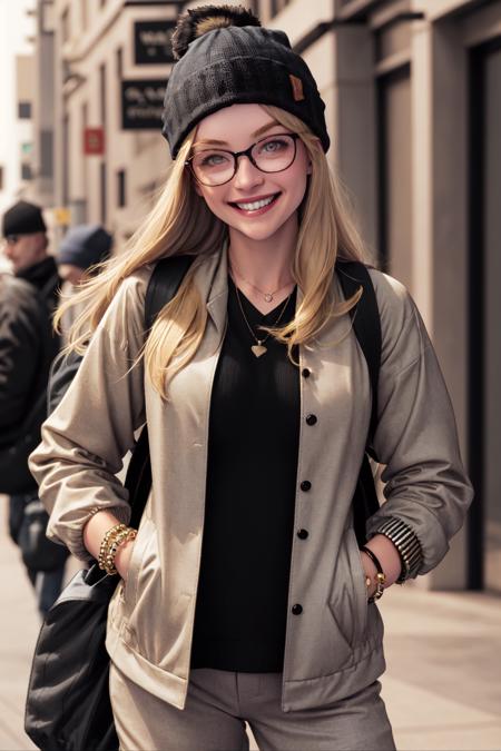 Ryan Ripley,  backpack,  bag,  beanie,  black-framed eyewear,  blonde hair,  bracelet,  glasses,  grin,  hat,  head tilt,  holding,  jacket,  jewelry,  long hair,  long sleeves,  looking at viewer,  mole,  open clothes,  open jacket,  shirt,  smile,  upper body, <lora:EMS-51648-EMS:1.000000>