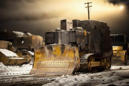 analog gloomy photo of a bulldozer with yellow blade,  <lora:k1lld0z3r:0.9>, (at night), snow, (horror movie), ((nighttime)), (midnight), dark city, High Detail, Sharp focus, (photorealism), realistic, best quality, 8k, award winning, dramatic lighting, epic, cinematic, masterpiece, rim light, ambient fog:1.5,