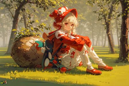 mushroom, sitting, tree, outdoors, grass, nature, 1girl, blonde hair, red footwear, forest, shoes, long sleeves, bangs, red headwear, hat, hood, red cape, gloves, medium hair, bloomers, dress, long hair, day, shirt, closed mouth, full body, cape, solo, hood up, looking at viewer, red hood, 1boy, tree stump, white bloomers, red dress, red cloak, plant, knees up, bow, sunlight, white shirt, bird, moss, red eyes, underwear, creature, braid, smile, on ground, pointy ears, red bow, animal, little red riding hood (grimm), red capelet, pants, link,<lora:loahrenrustyle_noise:0.85>