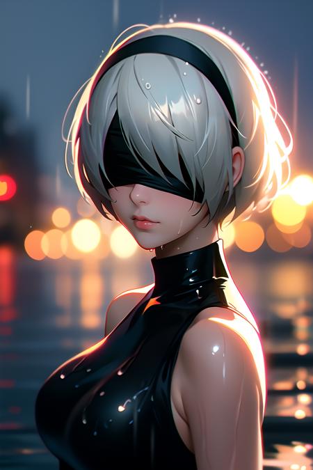 1girl, solo, breasts, short hair, dress, bare shoulders, medium breasts, closed mouth, upper body, white hair, hairband, sleeveless, mole, blurry, black dress, lips, wet, depth of field, blurry background, turtleneck, phone, cellphone, black hairband, wet clothes, mole under mouth, facing viewer, smartphone, rain, water drop, blindfold, wet hair, covered eyes, black blindfold, yorha no. 2 type b