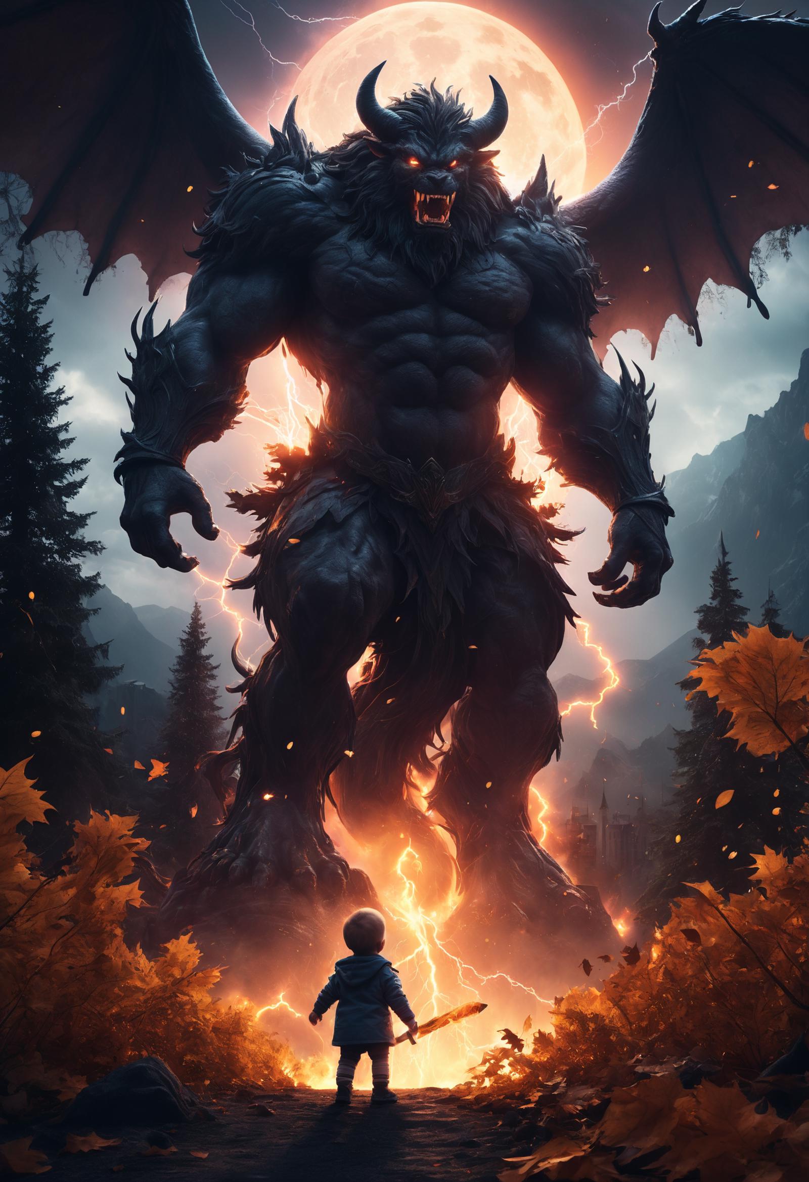 A giant demonic monster in the woods with a small person standing in front of it.