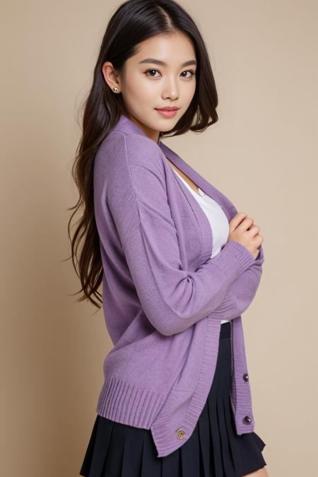 purple cardigan, pleated skirt