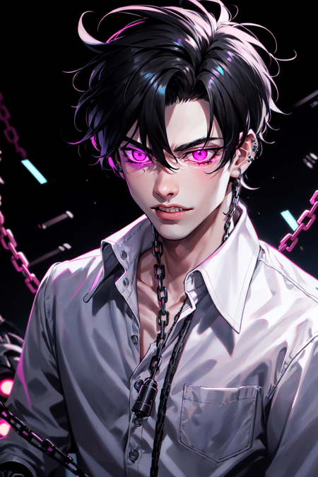 1boy, black hair, blurry, cable, chain, collared shirt, cracked skin, ear piercing, earrings, glowing, glowing eyes, jacket, jewelry, male focus, mechanical parts, open mouth, piercing, pink eyes, shirt, short hair, solo, teeth, tongue, upper body, veins, white shirt