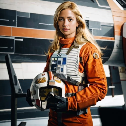 blond woman in rebel pilot suit <lora:rebelpilotsuit:1>  in airforce hangar next to a x-wing,very long hair, RAW photo, 8k...