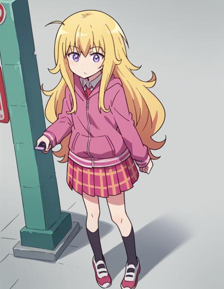 <lora:gabriel-tenma-white-s1-ponyxl-lora-nochekaiser:1>, gabriel tenma white, long hair, blonde hair, purple eyes, ahoge, skirt, school uniform, jacket, shoes, socks, hood, plaid, hoodie, plaid skirt, black socks, pink hoodie,