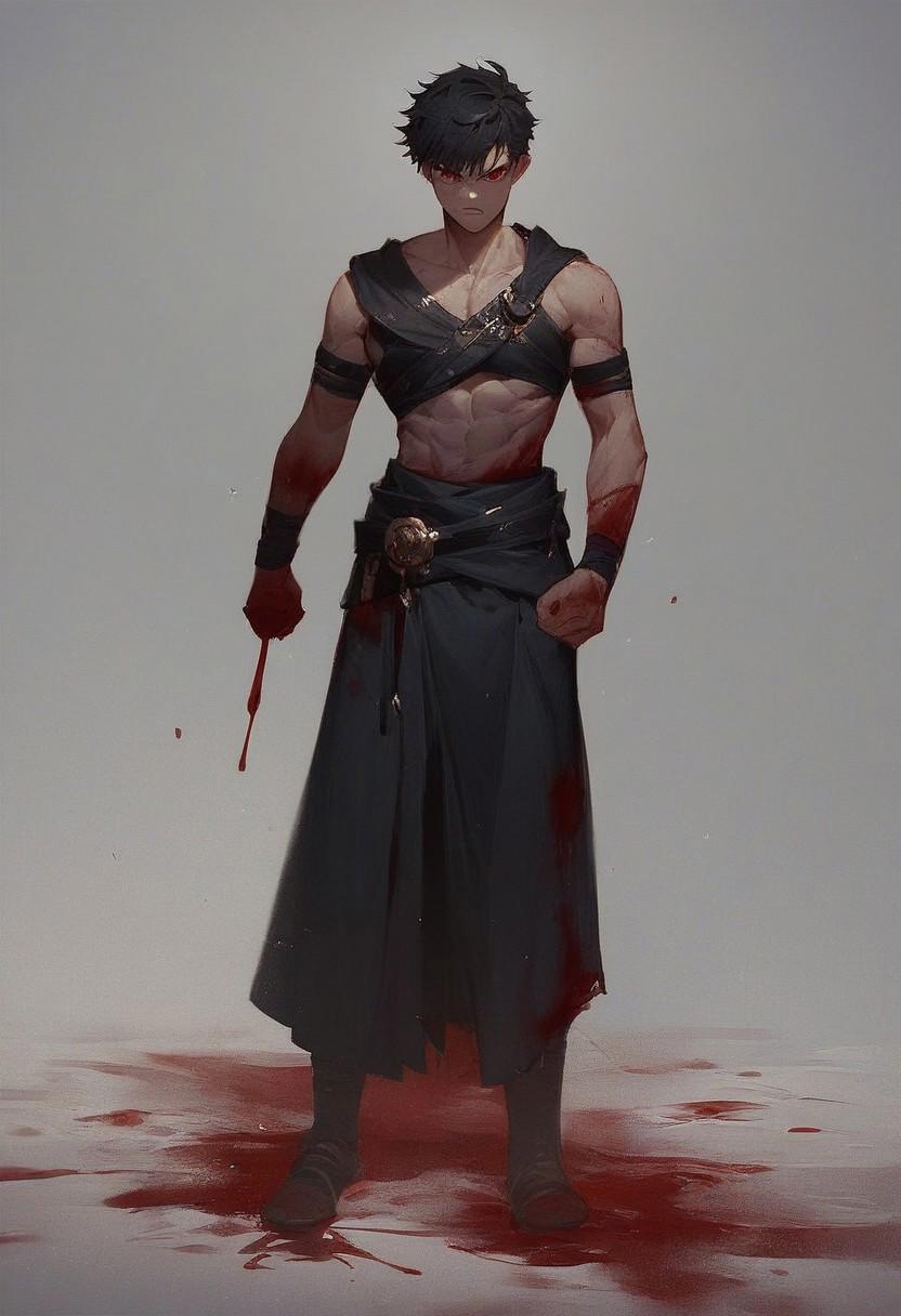 Score_up_9, score_up_8, score_up_7, 1male, black greek warrior clothes, short hair, black hair, swept hair, red eyes, chiseled  physique, angry, bloody, full body,