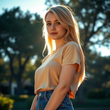 A 20-year-old blonde girl, wearing a t-shirt and high-waisted jeans, standing in a sunlit urban park at golden hour, realistic skin texture, soft natural lighting, detailed background with trees and a clear blue sky, ultra-realistic, 8k resolution, black hair, close view, taken by Canon R5, 85mm lens, best quality, ultra detailed, intricate, professional photography, HDR, High Dynamic Range, (8k UHD), RAW photo <lora:Muatori:1>