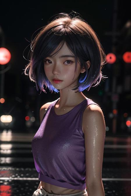 8k photo portrait of a cute Japanese young fashion model in a violet tanktop with Bobcut hair, entring a club at night in NY, Highly Detailed, Vibrant, Production Cinematic, reflections on a wet street, 8k, film grain