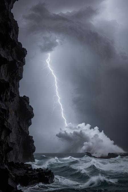 violent ocean storm over a deep black abyss, towering waves crashing against jagged rocks, dark thunderclouds swirling above, flashes of lightning, ultra-detailed sea spray and foam, ominous cinematic tone