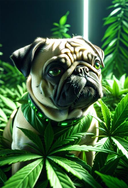 420futurism, closeup shot, from side, pug made of leaves, pug made out of leaves, green leaves, cinematic, cinematic lighting, (masterpiece, best quality:1.4), ultra-high res, 4k, Photorealistic, insanely detailed, sfw,