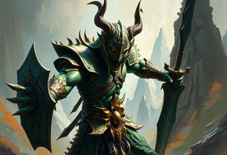 Surrealist oil painting of the hyper detailed action Berserkion the Electromagna Warrior from the video game "Dark Souls", depicted in a dynamic, almost distorted pose, left arm with shield reaching towards the viewer, right arm with sword poised. The character is rendered in rich green and gold textures, with intricate armor and a large horned helmet. The background is a dreamlike, abstract interpretation of a War Rock Mountain, rendered with thick, expressive Brush Strokes. Captivating Lighting casts dramatic shadows. High-res, 4K, Exceptional Quality, More Detail, Handcrafted with Precision, High Quality, Stunning Colors, Harmonious Colors, Multi Colored, Contemporary Aesthetics, Impeccable Composition, Creative Angle, Attractive Background, Balanced Editing, Intentional Focus. Elements suggestive of Grammer Effect Style, Splash Ink Illustration, Octane Render gloss, Unreal Engine 5 texture detail. Inspired by Raphael Style dynamism and Houdini Style complexity. Beautiful Detailed Eyes peek from the helmet. Conveying Vivid Emotions, Joyful Impact, Powerful Message through symbolic imagery. CGSociety, Artstation Trending on ArtstationHQ, Golden Ratio., very detailed.