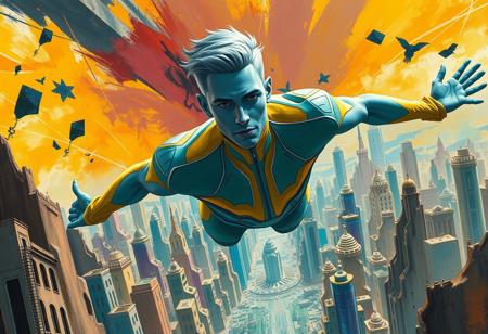 1boy, blue skinned, silver metallic short hair,  aged 30 (full body, facing camera, from below). Futuristic fashion, a golden yellow and teal  high tech bodysuit ,  it is form fitting with an open face design. the man has pale blue skin and is muscular and has an athletic  form , the hero is flying above a futuristic alien city that is very idyllic and made of numerous organic shaped buildings ,, the city behind him exploding into fractured shapes and vibrant brushstrokes. cinematic realism, modernist abstraction, vintage fashion, expressive color palette, fragmented composition, narrative surrealism, romantic noir, bold geometric forms, rhythmic patterns, textured brushwork, dreamlike tension, symbolic elements, 20th-century elegance, surreal backgrounds, abstract expression, stylized figures, visual dynamism, painterly contrast, emotional ambiguity, narrative experimentation