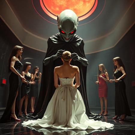 high-society elegant slender norvegian rich innocent young bride kneeling at whorish red glossy foil pillow from behind. She is ensnared by a towering, gray human-like alien, draped in a long, glossy black slime cloak, its eyes gleaming red with an otherworldly intensity.   its hands putting steel slave collar  on her neck. Encased in light beam from the alien breeding chamber celling/ Surrounded by strict ladies wearing  glossy satin dominatrix attire and glossy high heels,  holding whips.   weird wet-look black slime  walls and floor, colossus observation blister to outer space full of stars, bright red moon, vintage-inspired makeup, long hairs, ultra thin waist, evil grin, porcelain skin, lipstick, red nails, in the style of a haunting, retro-futuristic 1950s sci-fi nightmare, horror, alien space base,,