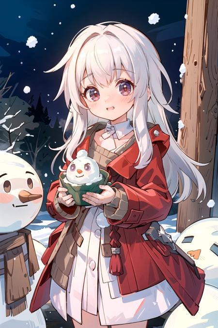 (extremely detailed CG unity 8k wallpaper,masterpiece, best quality, ultra-detailed, beautiful detailed eyes:1.2), 1girl, clara \(honkai: star rail\), solo, cowboy shot, looking at viewer, red coat, white dress, detached collar, sweater, snow, outdoors, snowman, light smile