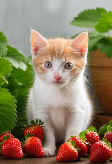 Create an image of a whimsical creature that resembles a small kitten with the texture and color of a ripe strawberry. The creature's body and face are covered in strawberry red, with characteristic seed-dotted skin. It has green leaf-like structures mimicking ears and a ruff around its neck, as if the top of a strawberry was placed on its head. This kitten-like entity has round, innocent eyes, a small pink nose, and delicate white whiskers. Its pose is seated, with one paw slightly raised as if it were about to take a gentle step, and its tail curls behind its body, appearing plump and strawberry-like as well. Surrounding the creature are actual strawberries of a similar shade of red and with green caps, scattered on a glossy wooden surface. In the soft-focused background, hints of indoor plants in shadows create an almost ethereal setting. The overall atmosphere is quaint and charming, evoking a sense of magical realism. symmetrical cats eyes
