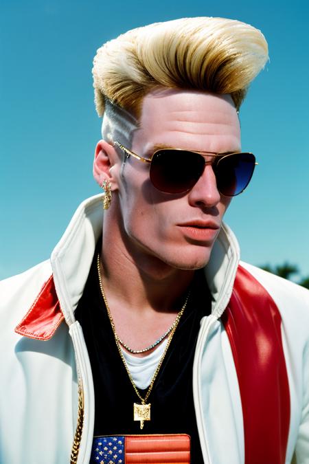 Photo of skinny 1boy vanilla_ice, sunglasses, pompadour, american flag, jacket, jewelry <lora:vanilla_ice:1>