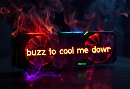 highly detailed, 8k, UHD, score_9, score_8_up, score_7_up, RGB nvidia rtx 4090 graphics card, GPU, smoking, on fire
text that says "buzz to cool me down"