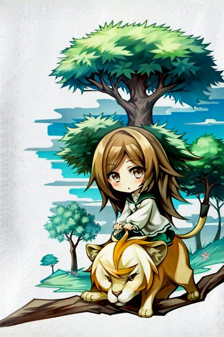 <lora:deemoArtstyle:0.9>, deemoArtstyle, 1girl, solo, chibi, brown hair, riding lion, savanna, tree, masterpiece, best quality,