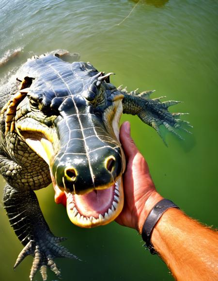 <lora:sdxl_headpat_v1-000075:1.0> petting crocodile, award-winning wildlife photography, very detailed, cellphone photo, grainy, pov, fisheye