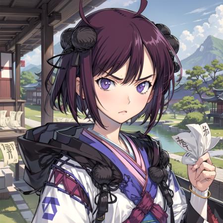 1girl, masterpiece, best quality, highly detailed, illustration, nanjou ran, outdoors, east asian architecture, holding ofuda, upper body, japanese clothes, ahoge, annoyed, <lora:Ran:0.8>