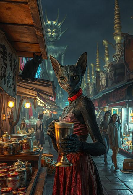 Setting is an extraterrestrial alien street market at night in a city of an extremely advanced extraterrestrial civilization, ((all writing is in an alien script)), ((all lighting is exotic and of an extremely advanced technology.,  the market is comprised of street vendors selling food, exotic technological wonders, and alien EXOTIC clothing made from colorful iridescent fabrics. (((The extraterrestrial beings in view have a variety of appearances some are human-like, others are insectoid or feline or canine or reptilian, they are wearing a variety of clothing are walking through the street market shopping and eating))), A black cat with red collar sits on a nearby wooden roof at a market kiosk. Behind the a kiosk counter are containers of exotic goods, (((a beautiful furry alien anthropogenic cat-like being, 24 years old, is standing in the foreground facing the viewer with a glowing metal goblet of beer in her paw/hand. Her eyes are beautiful and focused on the viewer, she has an expression of interested curiosity))), the being is dressed in exotic style clothing of a completely exotic aesthetic. Enormous metallic statues and temples are visible in the background and around the scene and smaller statues are prevalent in the market, Epic image that elicits a feeling of wonder and awe, (((many types of aliens are walking around the market but NO HUMANS))), laughing anthropogenic dog people walking by,