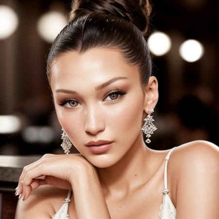 portrait photo of BellaHadid beautiful woman hair updo upsweep nightclub sitting at bar (masterpiece) (best quality) (detailed) (8k) (HDR) (wallpaper) (cinematic lighting) (sharp focus) (intricate) <lora:BellaHadid:0.6>