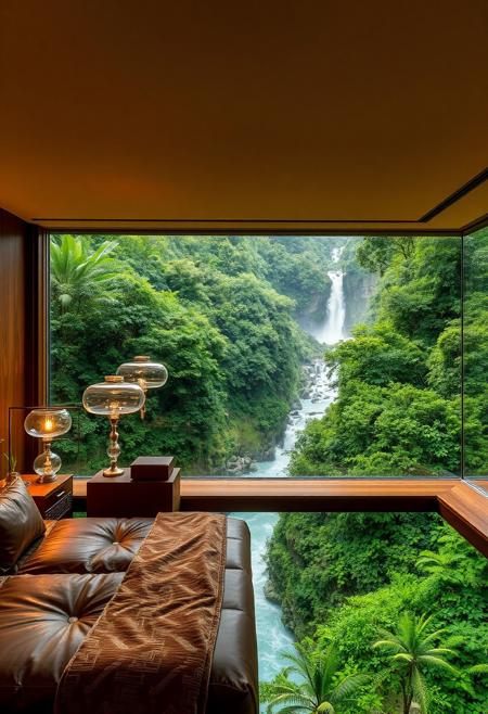 An ultra modern bedroom scene situated over the top edge of a waterfall, edge of the river just before the water cascades down to the valley below,
 lush green tropical forest, bedroom is furnished in lush brown leather tones, rich wood, clean modern glass lamps with warm inviting lighting, large windows let in natural light and provide a stunning view